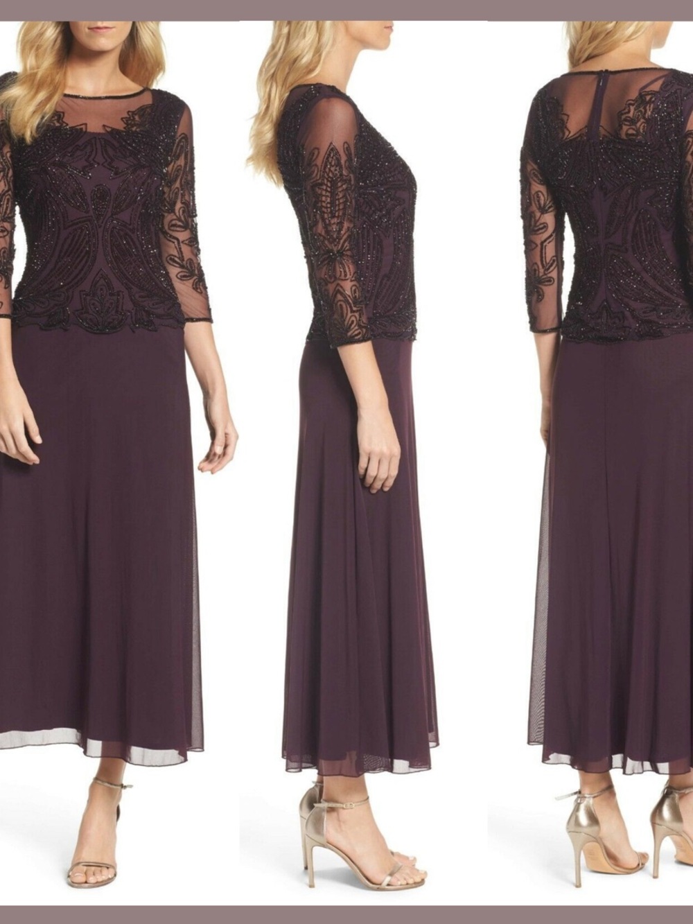 Pisarro Nights Plum Beaded Mesh Midi Dress Formal Event Evening Gala MOB Wedding